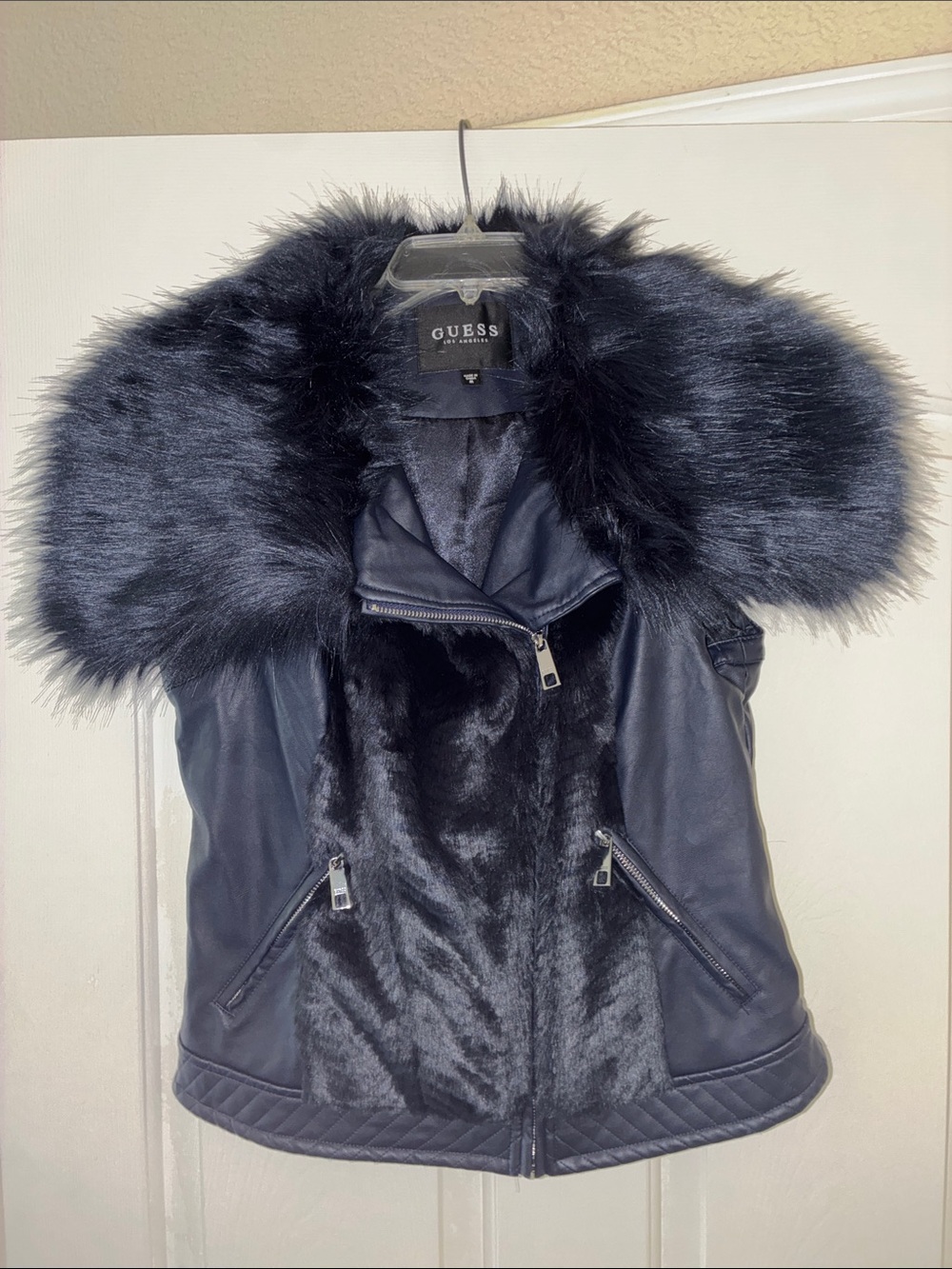 GUESS Purple Faux Fur-Trim Leather Vest